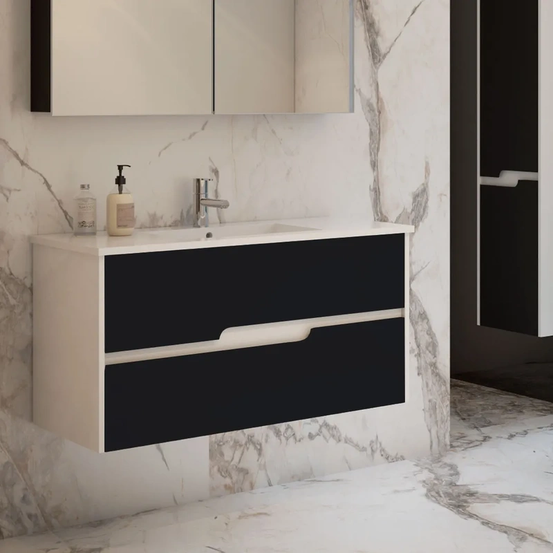 Movel de casa de banho suspenso com lavatório helios branco frente preto