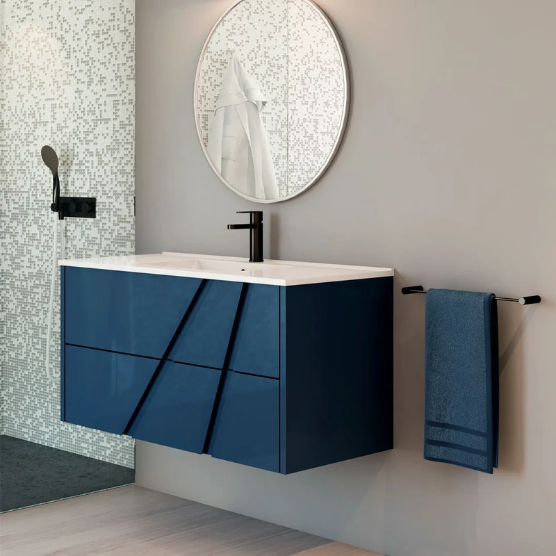 Movel de casa de banho suspenso com lavatório modelo César na cor azul escuro