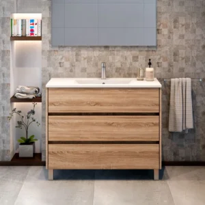 Movel de casa de banho com pés e lavatório modelo Axis na cor oak