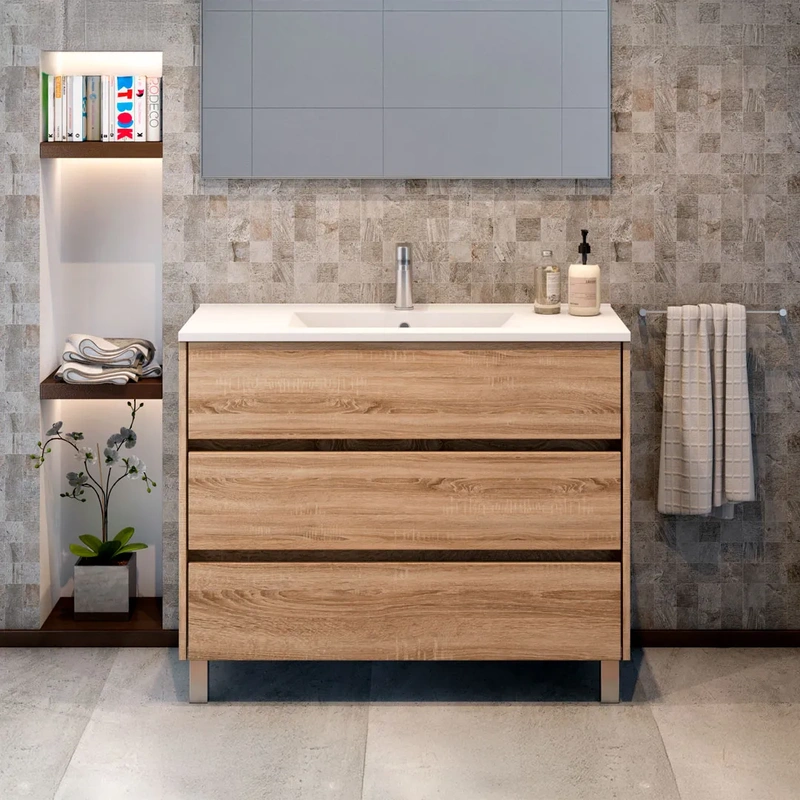 Movel de casa de banho com pés e lavatório modelo Axis na cor oak