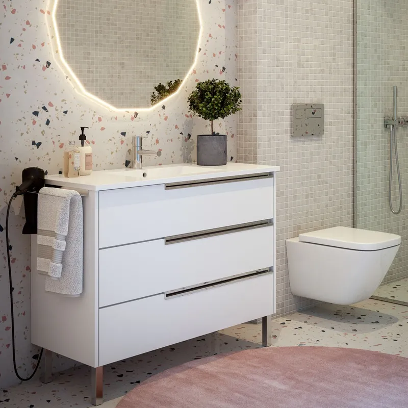 Movel de casa de banho com pés e lavatório modelo Bahia cor branco