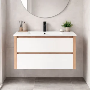 Movel de casa de banho suspenso com lavatório modelo londres cor denver frentes brancas