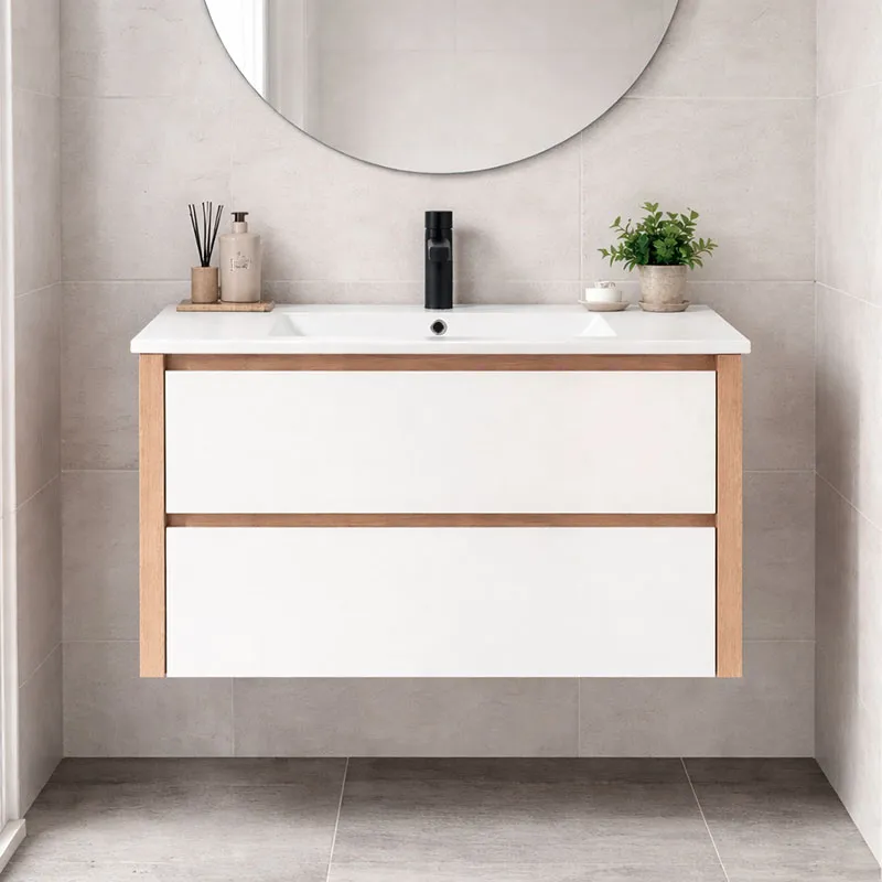 Movel de casa de banho suspenso com lavatório modelo londres cor denver frentes brancas