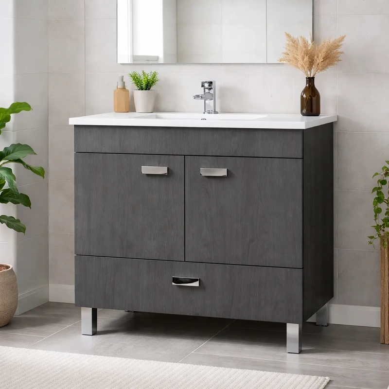 Movel de casa de banho com pés modelo Lisboa com lavatório cor azabache