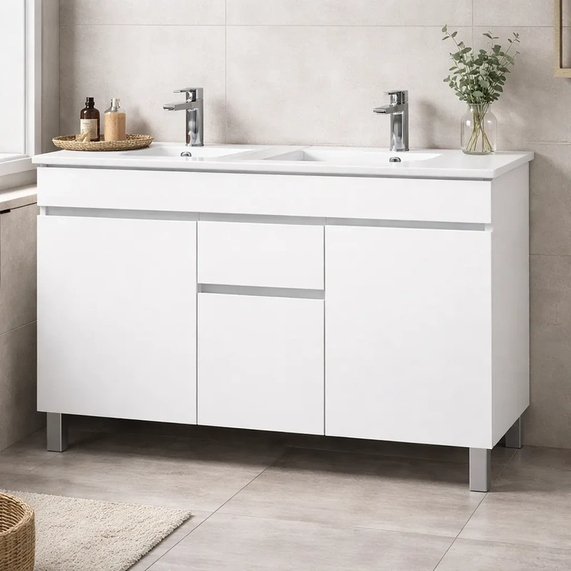 Movel de casa de banho com pés branco modelo priris com lavatório