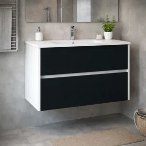 Movel de casa de banho suspenso com lavatório modelo axis cor branco frente preto