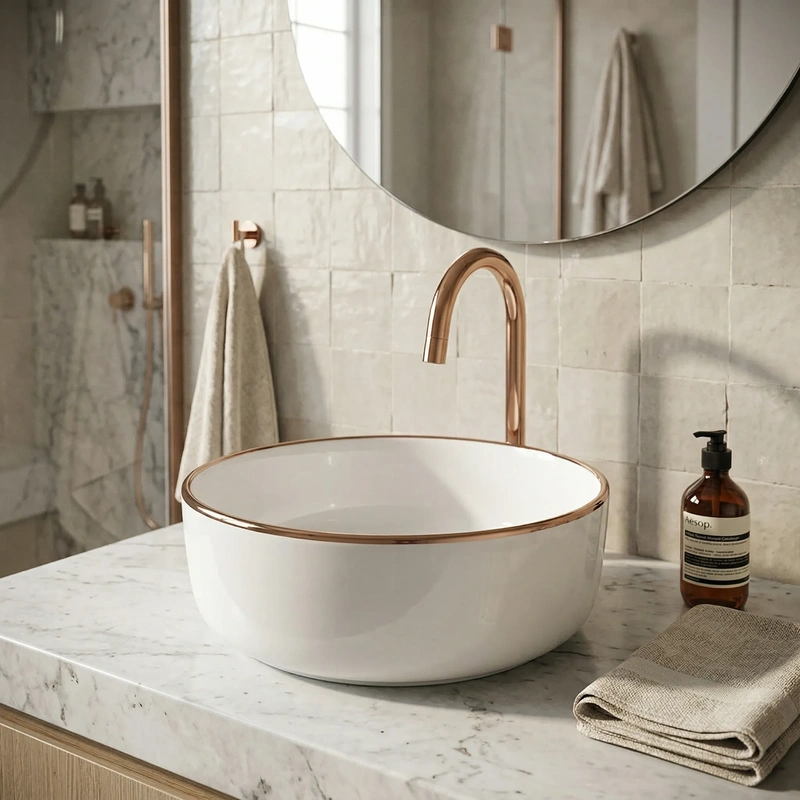 Lavatório de pousar redondo branco com borda ouro modelo onix