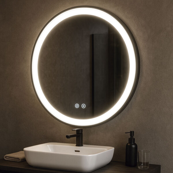 Espelho LED redondo borda PRETA + desembaciador - PLUTÃO
