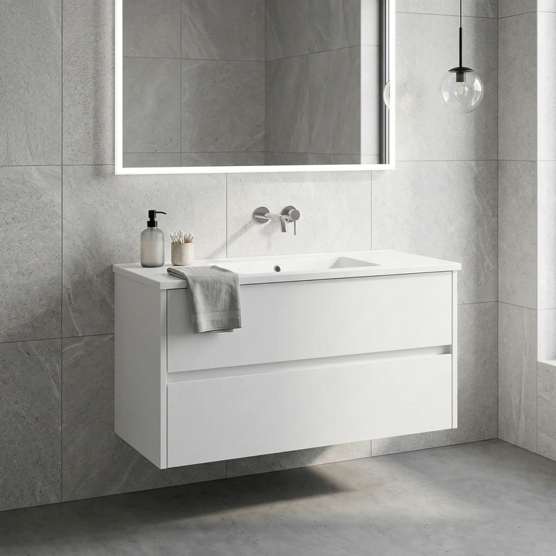 Movel de casa de banho suspenso cor branco modelo new alba com lavatório