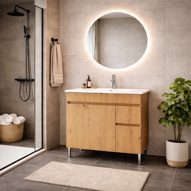 Movel de casa de banho com pés e lavatório modelo Priris na cor futura