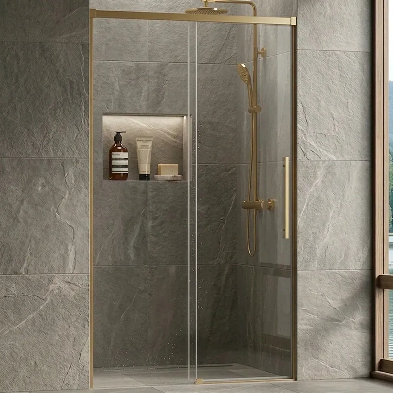 Resguardo frontal de duche ouro escovado 1 porta fixa 1 porta movel modelo siena