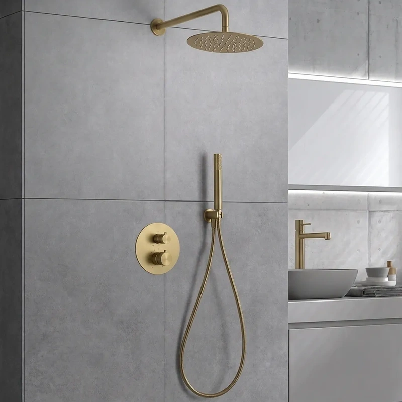 Duche de embutir na parede termostático com chuveiro de mão cor ouro escovado model line