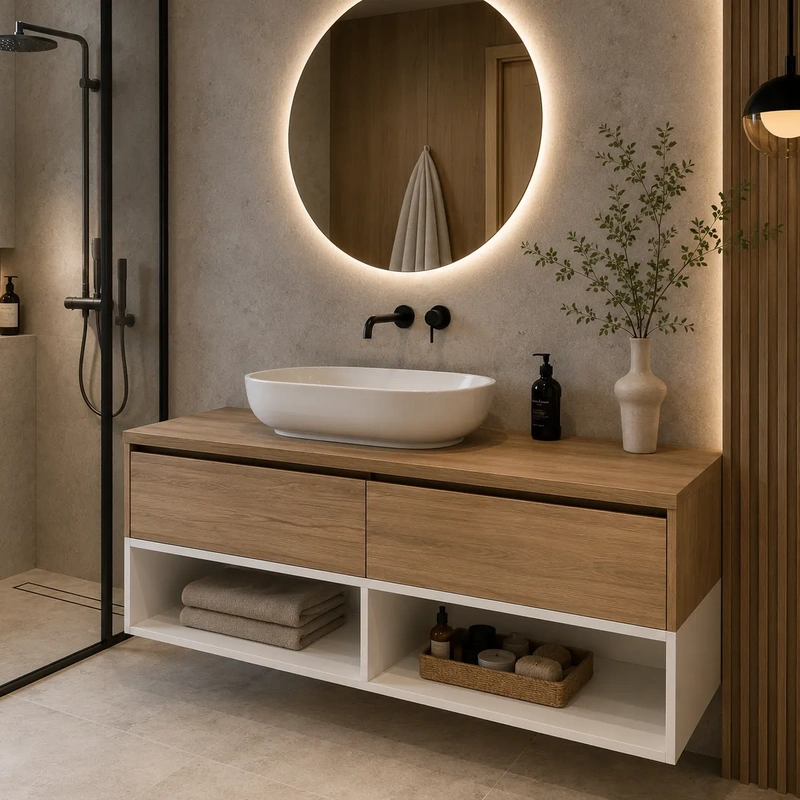 Movel de casa de banho suspenso com tampo e módulo branco modelo sleep cor denver
